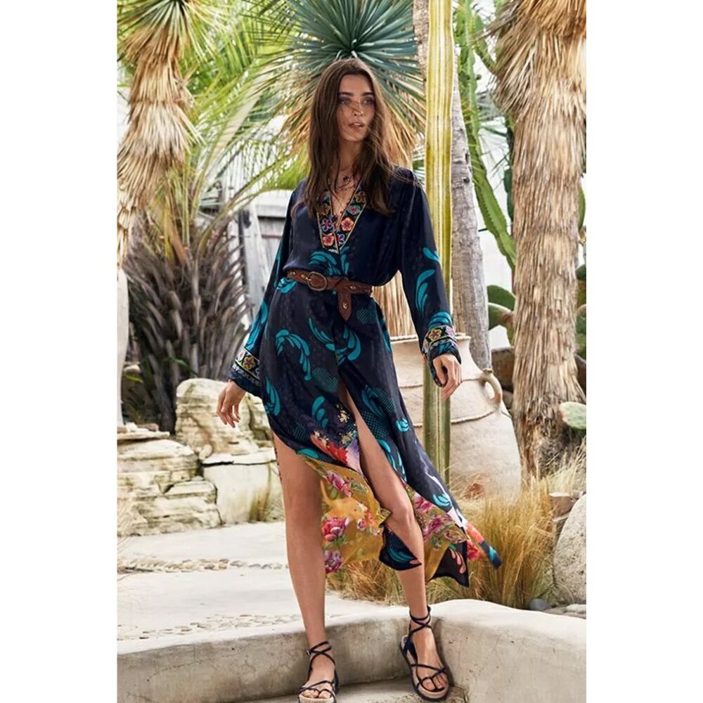 Johnny Was Heron Long Reversible Kimono Silk Bird Embroidery Black Yellow NEW
